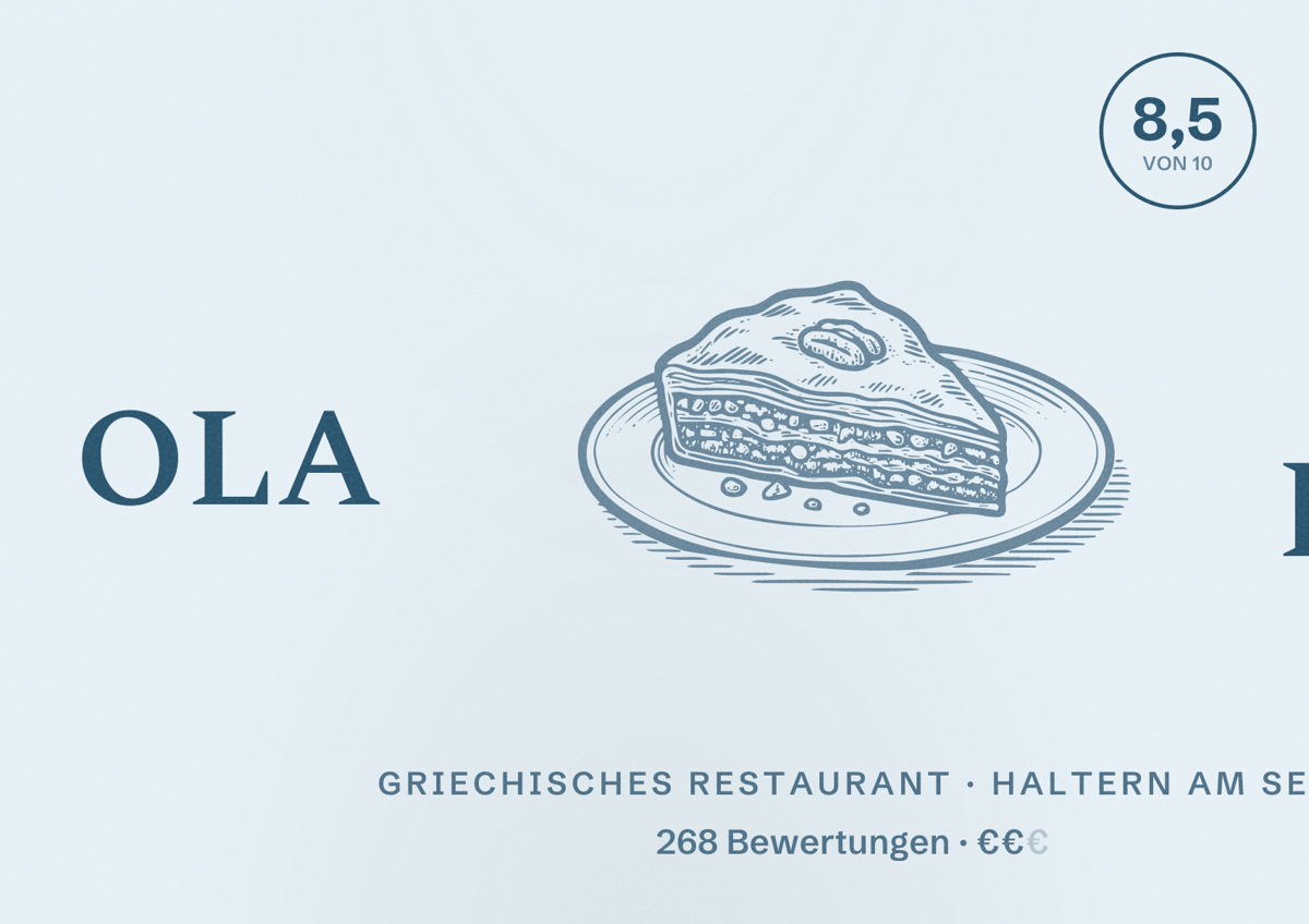 Illustriertes Poster von OLA KALA, Griechisches Restaurant in Haltern am See: Bewertung 8,5 von 10 aus 268 Bewertungen, Preisniveau €€
