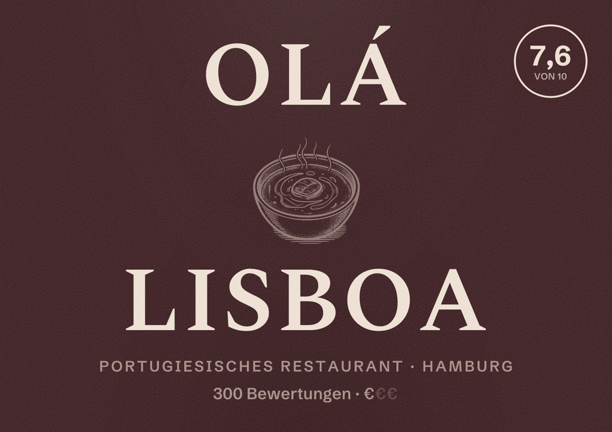 Illustriertes Poster von Olá Lisboa, Portugiesisches Restaurant in Hamburg: Bewertung 7,6 von 10 aus 300 Bewertungen, Preisniveau €