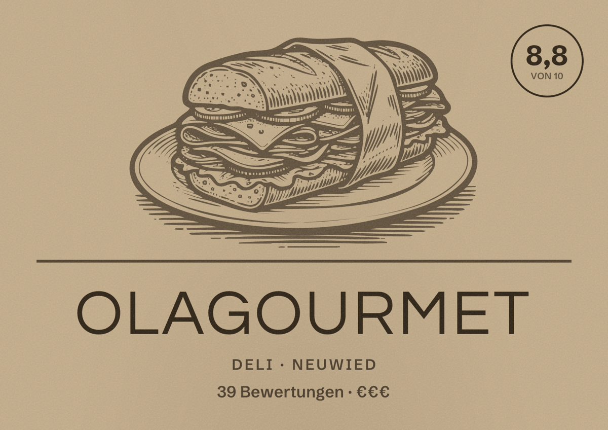 Illustriertes Poster von OlaGourmet, Deli in Neuwied: Bewertung 8,8 von 10 aus 39 Bewertungen, Preisniveau €€€