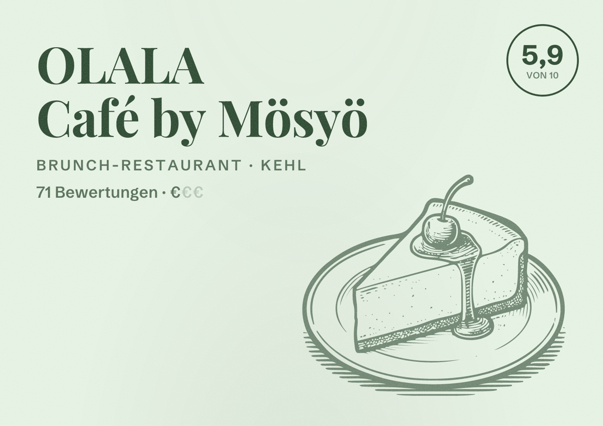 Illustriertes Poster von OLALA Café by Mösyö, Brunch-Restaurant in Kehl: Bewertung 5,9 von 10 aus 71 Bewertungen, Preisniveau €