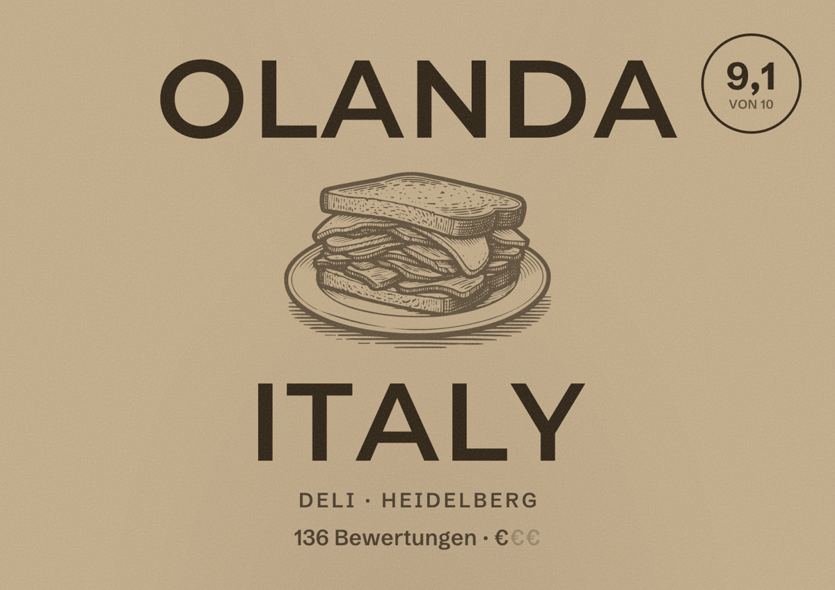 Illustriertes Poster von OLANDA Italy, Deli in Heidelberg: Bewertung 9,1 von 10 aus 136 Bewertungen, Preisniveau €