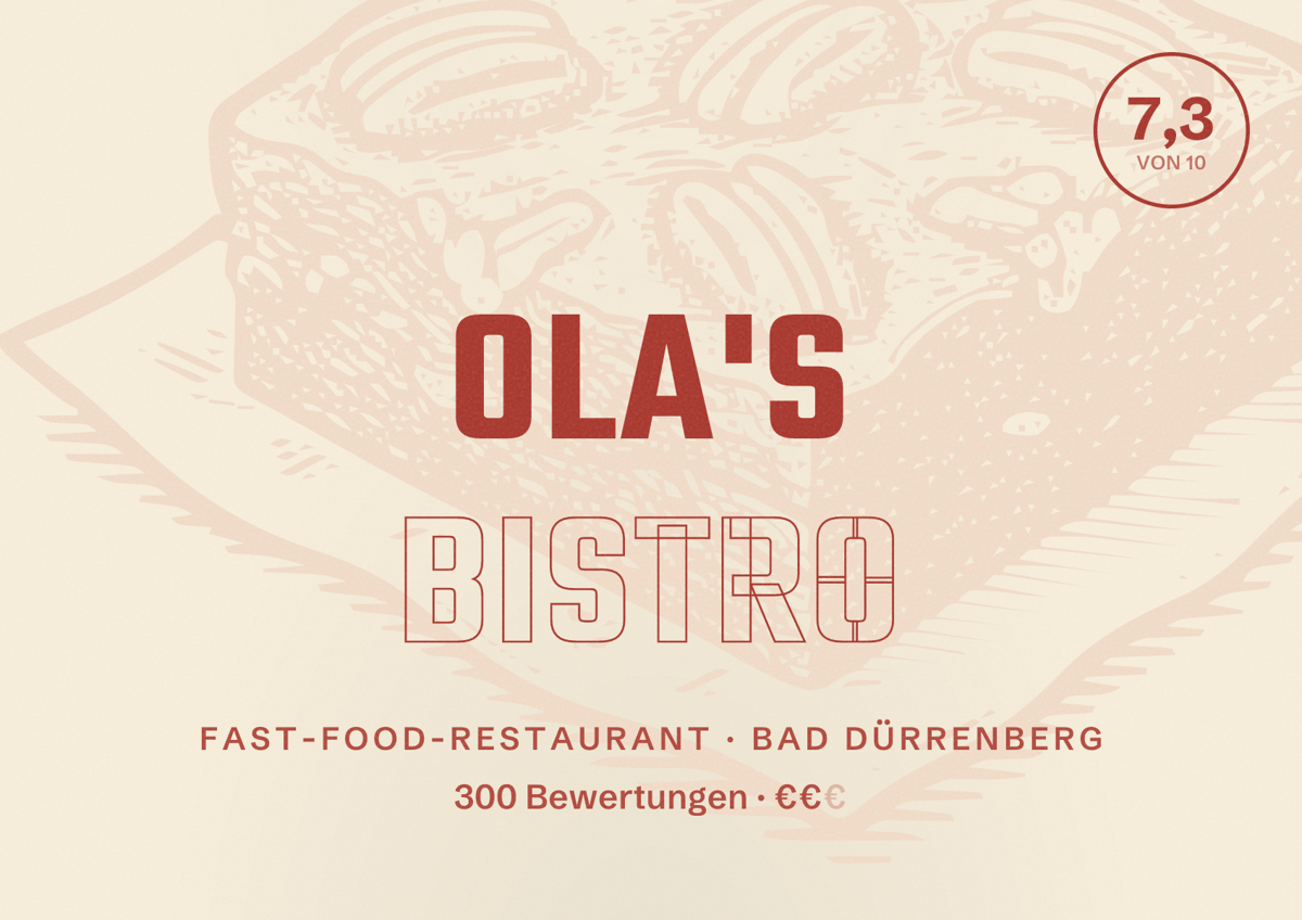 Illustriertes Poster von Ola's Bistro, Fast-Food-Restaurant in Bad Dürrenberg: Bewertung 7,3 von 10 aus 300 Bewertungen, Preisniveau €€