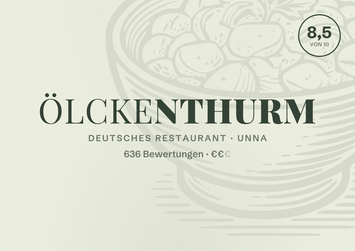 Illustriertes Poster von Ölckenthurm, Deutsches Restaurant in Unna: Bewertung 8,5 von 10 aus 636 Bewertungen, Preisniveau €€