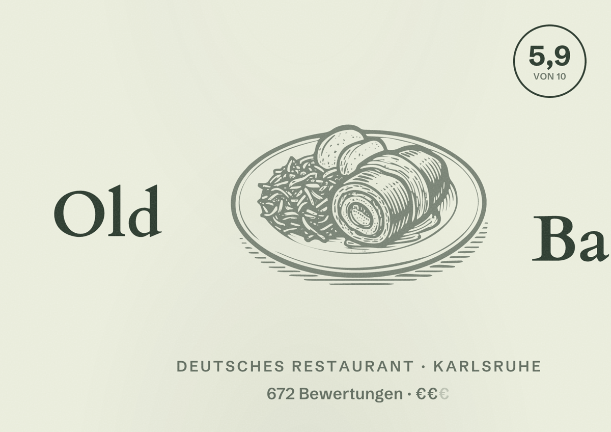 Illustriertes Poster von Old Bank, Deutsches Restaurant in Karlsruhe: Bewertung 5,9 von 10 aus 672 Bewertungen, Preisniveau €€