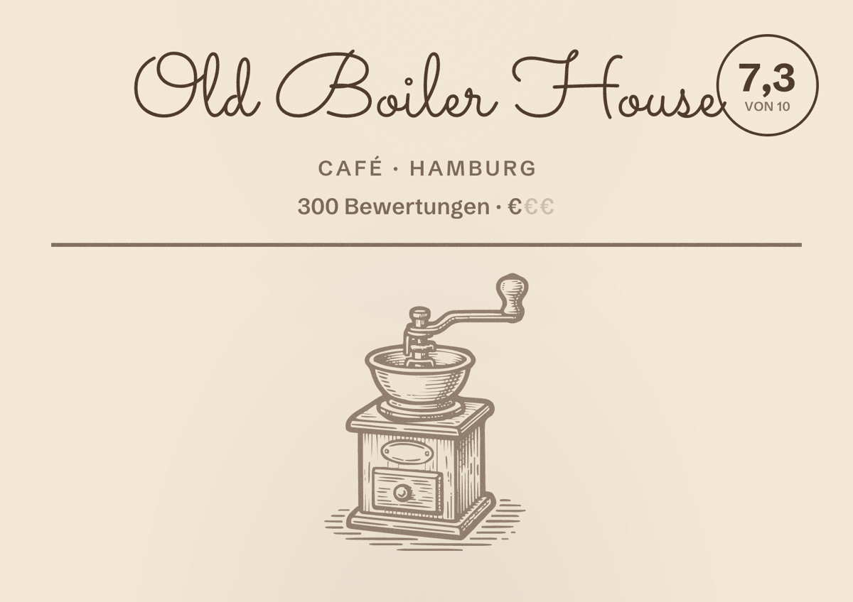Illustriertes Poster von Old Boiler House, Café in Hamburg: Bewertung 7,3 von 10 aus 300 Bewertungen, Preisniveau €