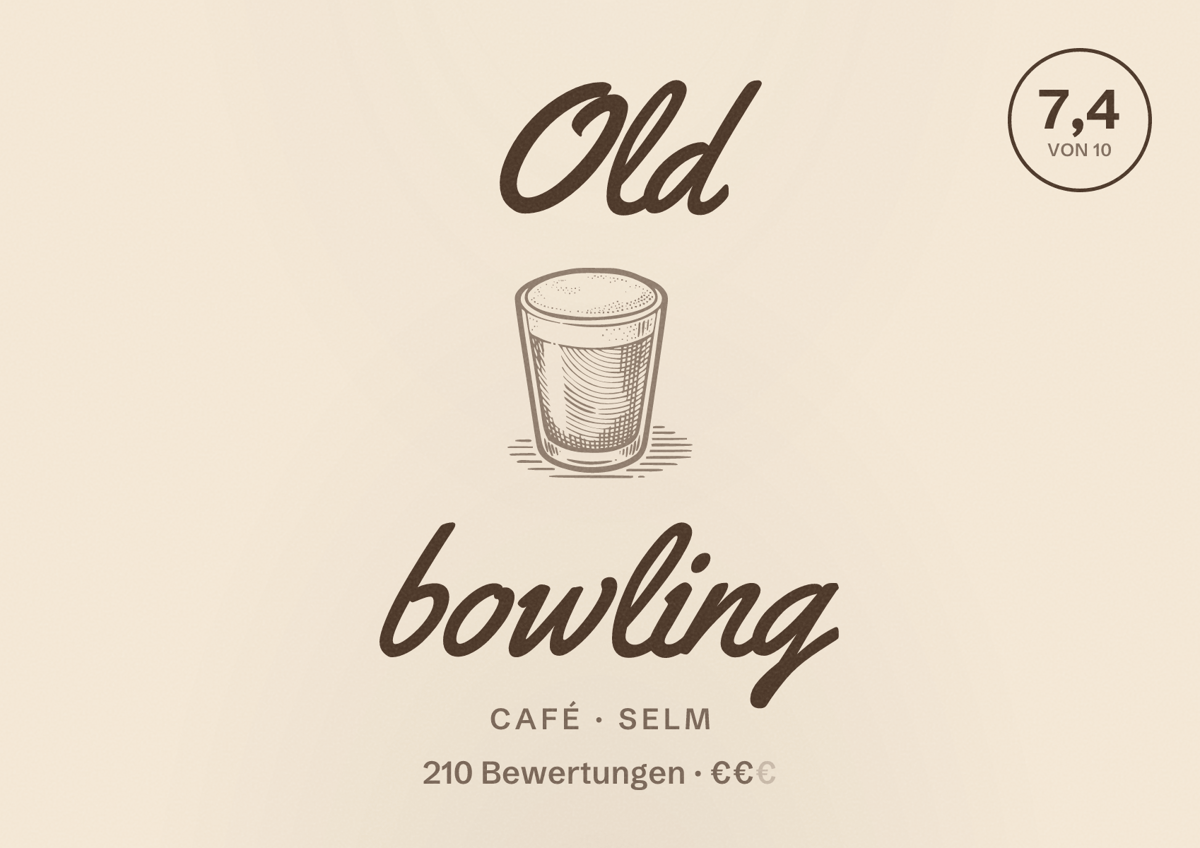 Illustriertes Poster von Old bowling, Café in Selm: Bewertung 7,4 von 10 aus 210 Bewertungen, Preisniveau €€