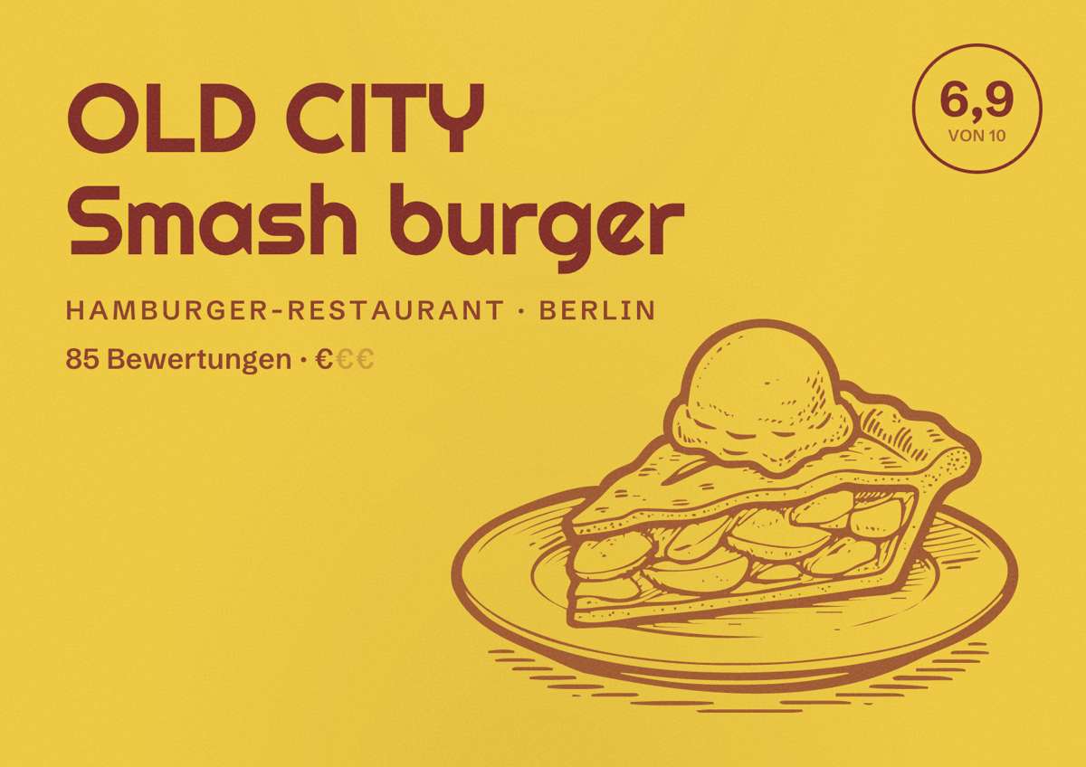 Illustriertes Poster von OLD CITY Smash burger, Hamburger-Restaurant in Berlin: Bewertung 6,9 von 10 aus 85 Bewertungen, Preisniveau €