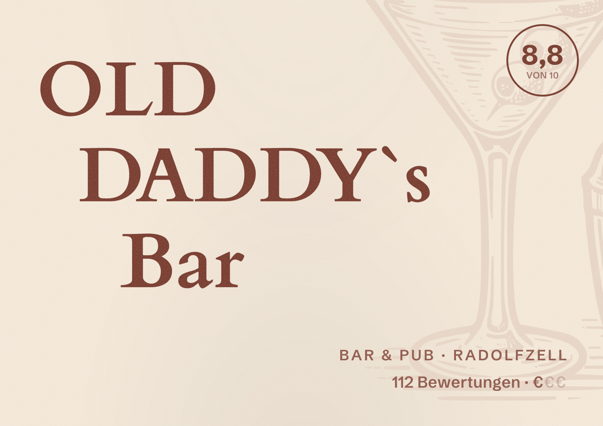 Illustriertes Poster von OLD DADDY`s Bar, Bar & Pub in Radolfzell: Bewertung 8,8 von 10 aus 112 Bewertungen, Preisniveau €