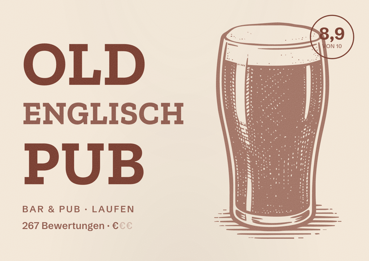 Illustriertes Poster von Old Englisch Pub, Bar & Pub in Laufen: Bewertung 8,9 von 10 aus 267 Bewertungen, Preisniveau €