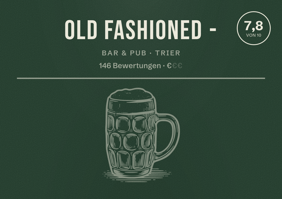 Illustriertes Poster von Old Fashioned -, Bar & Pub in Trier: Bewertung 7,8 von 10 aus 146 Bewertungen, Preisniveau €
