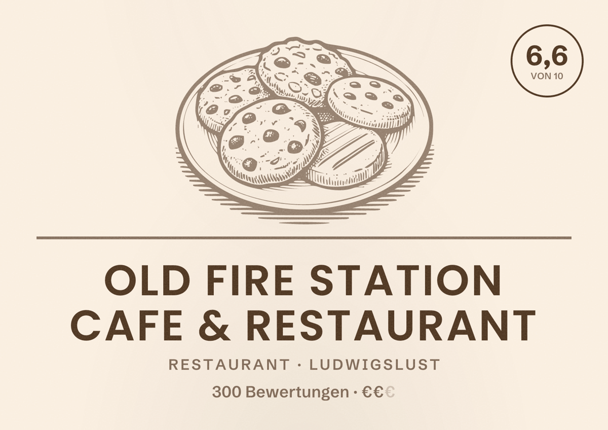 Illustriertes Poster von Old Fire Station Cafe & Restaurant, Restaurant in Ludwigslust: Bewertung 6,6 von 10 aus 300 Bewertungen, Preisniveau €€
