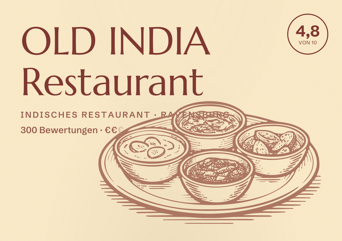 Illustriertes Poster von OLD INDIA Restaurant, Indisches Restaurant in Ravensburg: Bewertung 4,8 von 10 aus 300 Bewertungen, Preisniveau €€
