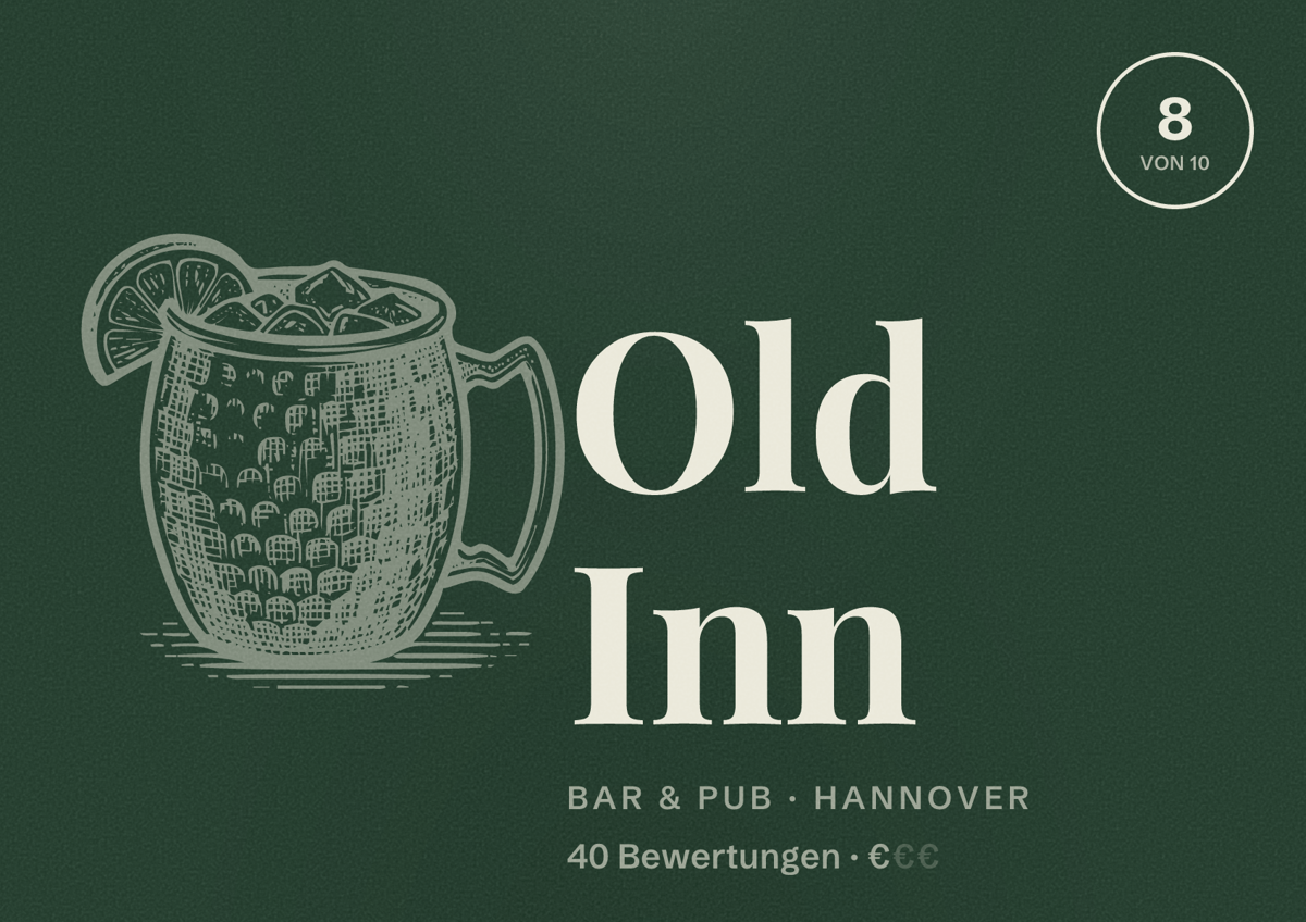 Illustriertes Poster von Old Inn, Bar & Pub in Hannover: Bewertung 8 von 10 aus 40 Bewertungen, Preisniveau €