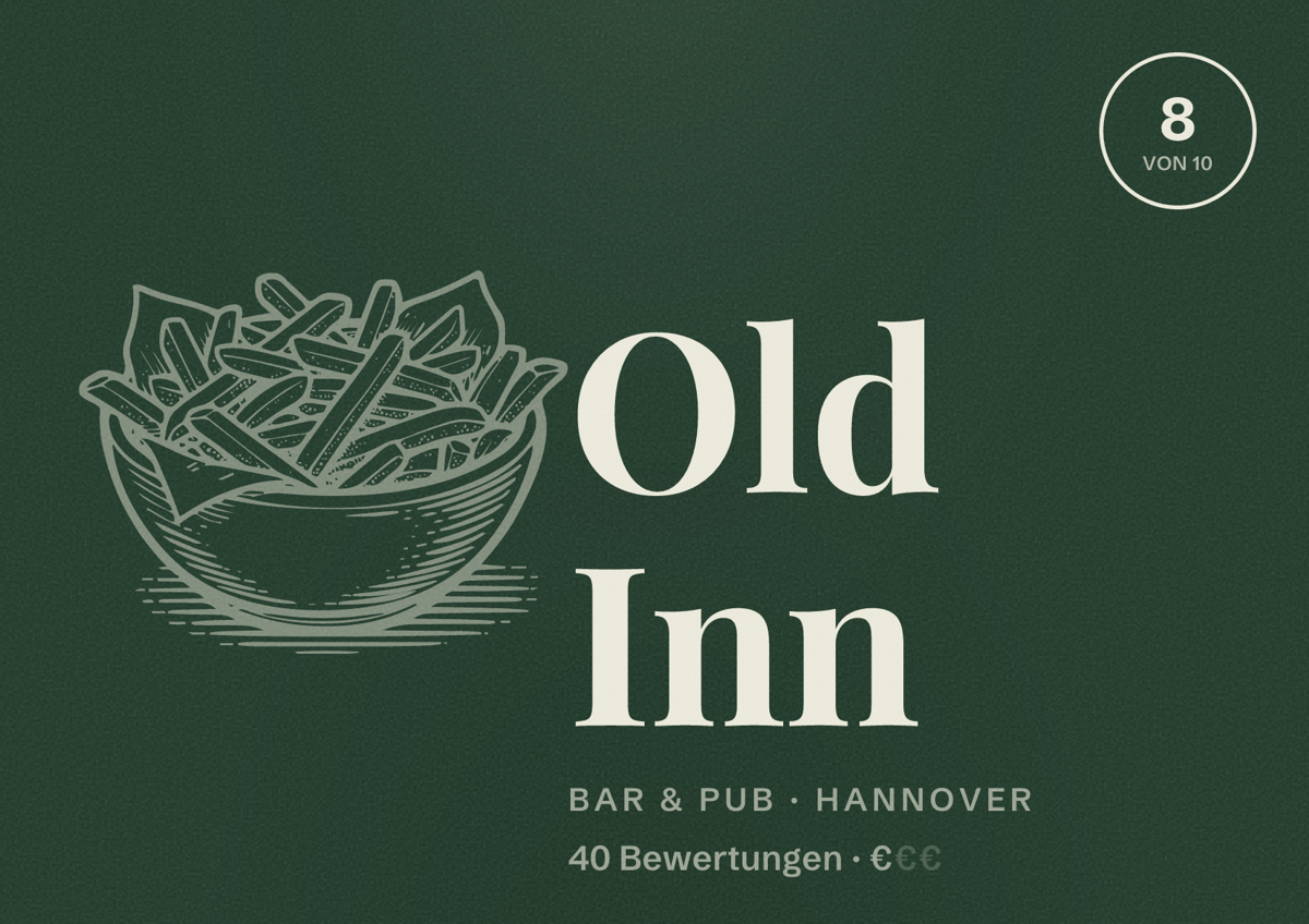 Illustriertes Poster von Old Inn, Bar & Pub in Hannover: Bewertung 8 von 10 aus 40 Bewertungen, Preisniveau €