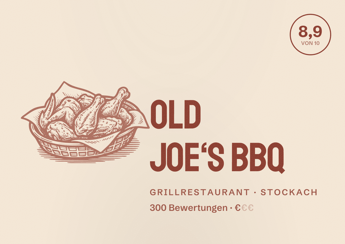 Illustriertes Poster von OLD JOE‘S BBQ, Grillrestaurant in Stockach: Bewertung 8,9 von 10 aus 300 Bewertungen, Preisniveau €