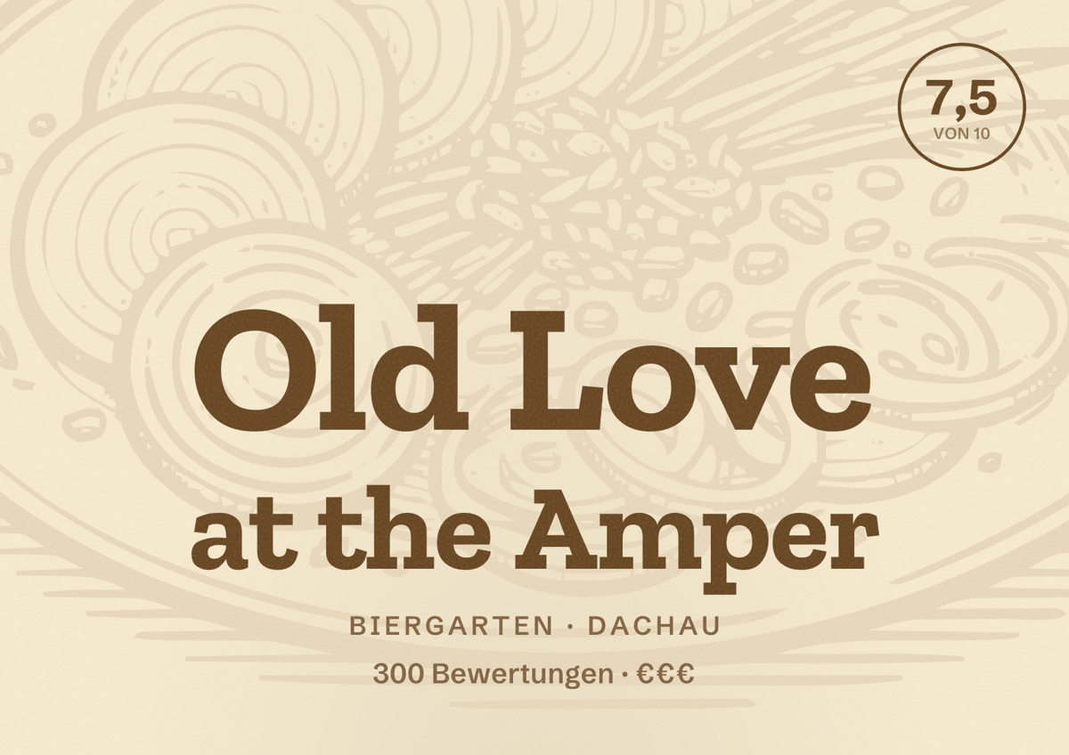 Illustriertes Poster von Old Love at the Amper, Biergarten in Dachau: Bewertung 7,5 von 10 aus 300 Bewertungen, Preisniveau €€€