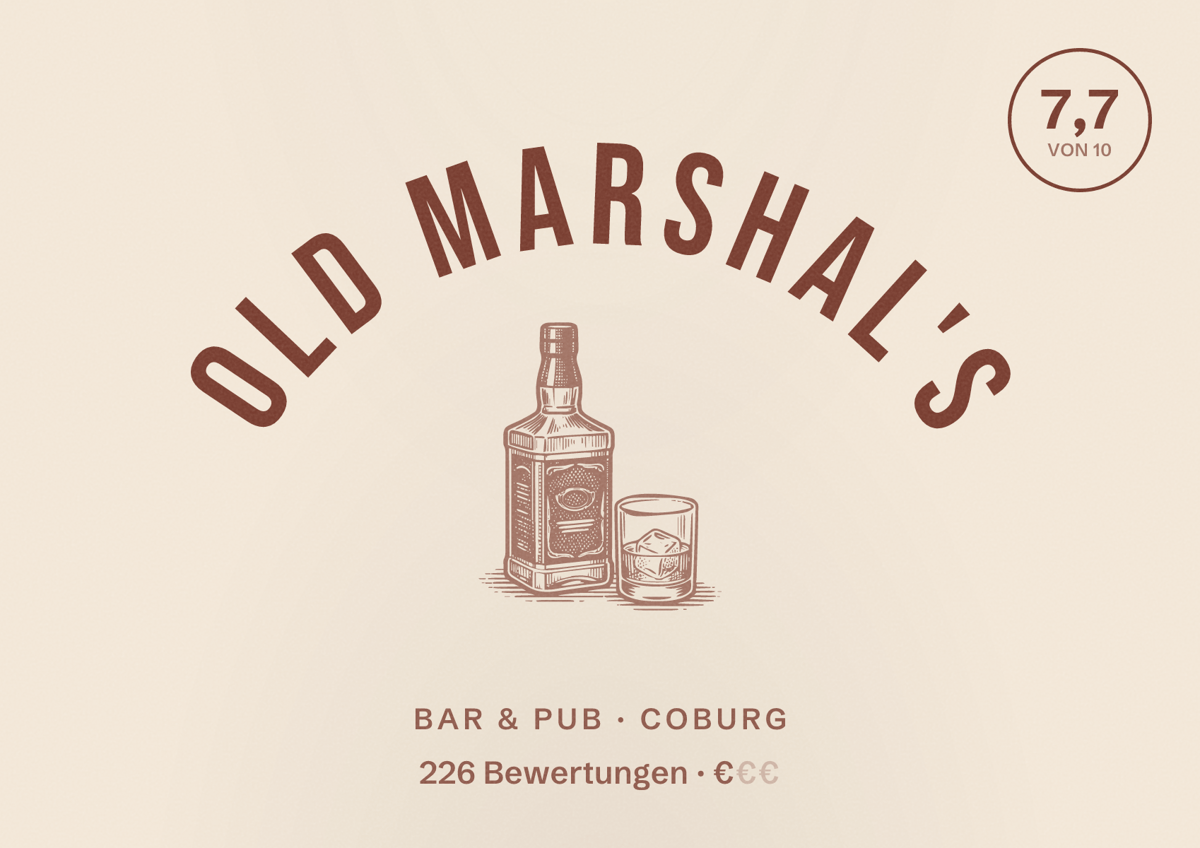 Illustriertes Poster von Old Marshal's, Bar & Pub in Coburg: Bewertung 7,7 von 10 aus 226 Bewertungen, Preisniveau €