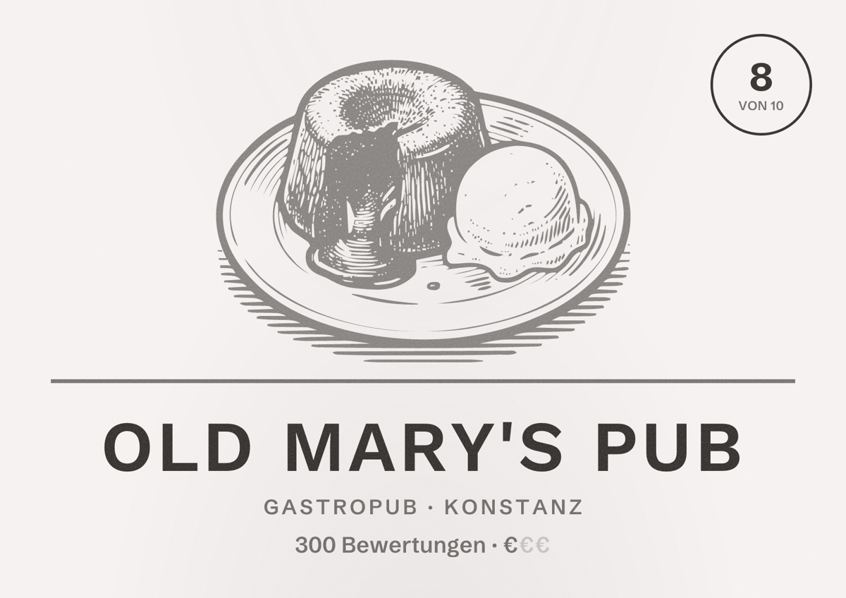 Illustriertes Poster von Old Mary's Pub, Gastropub in Konstanz: Bewertung 8 von 10 aus 300 Bewertungen, Preisniveau €