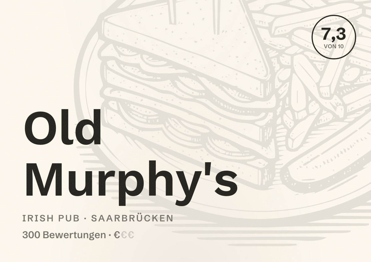 Illustriertes Poster von Old Murphy's, Irish Pub in Saarbrücken: Bewertung 7,3 von 10 aus 300 Bewertungen, Preisniveau €