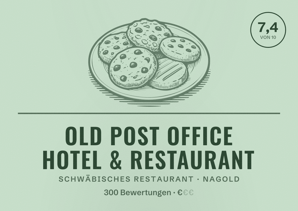 Illustriertes Poster von Old Post Office Hotel & Restaurant, Schwäbisches Restaurant in Nagold: Bewertung 7,4 von 10 aus 300 Bewertungen, Preisniveau €