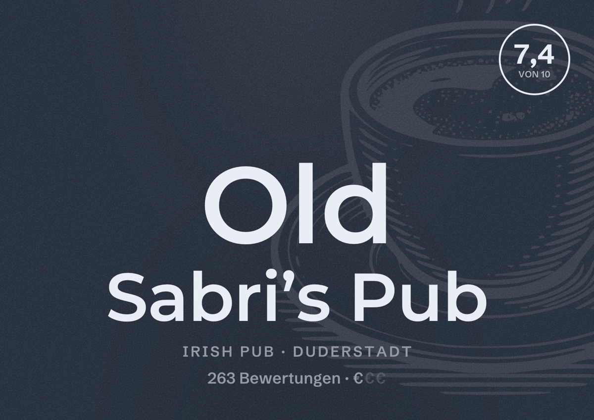 Illustriertes Poster von Old Sabri’s Pub, Irish Pub in Duderstadt: Bewertung 7,4 von 10 aus 263 Bewertungen, Preisniveau €