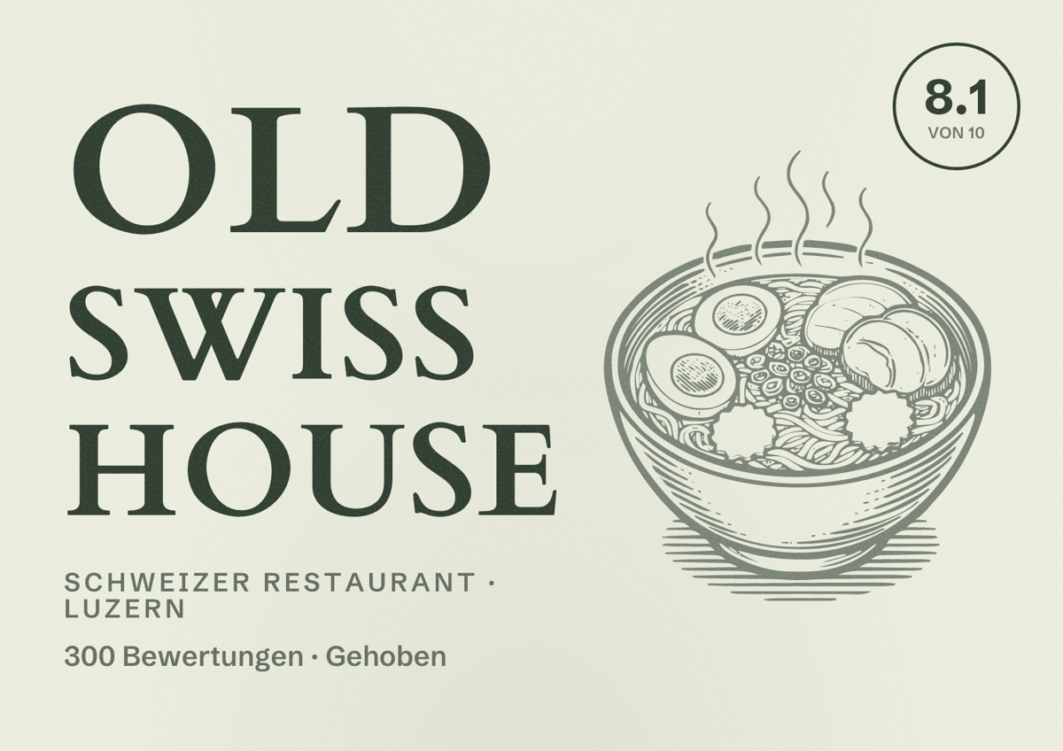 Illustriertes Poster von Old Swiss House, Schweizer Restaurant in Luzern: Bewertung 8.1 von 10 aus 300 Bewertungen, Preisniveau Gehoben