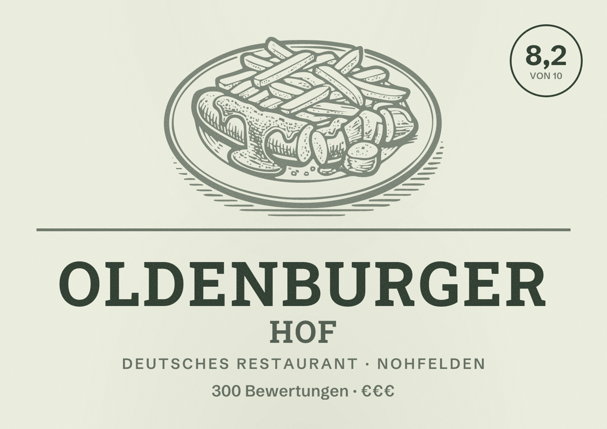 Illustriertes Poster von Oldenburger Hof, Deutsches Restaurant in Nohfelden: Bewertung 8,2 von 10 aus 300 Bewertungen, Preisniveau €€€