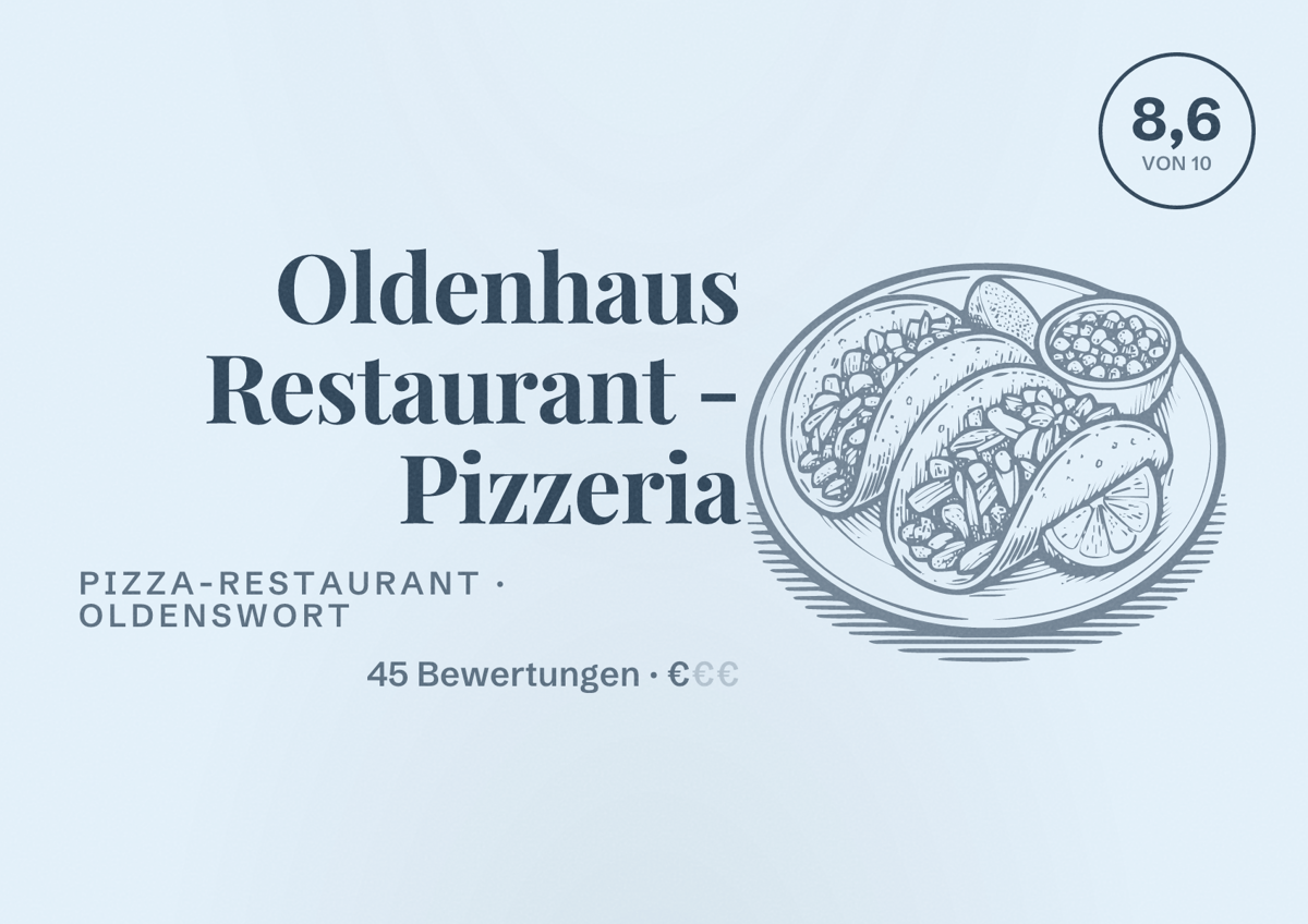 Illustriertes Poster von Oldenhaus Restaurant - Pizzeria, Pizza-Restaurant in Oldenswort: Bewertung 8,6 von 10 aus 45 Bewertungen, Preisniveau €