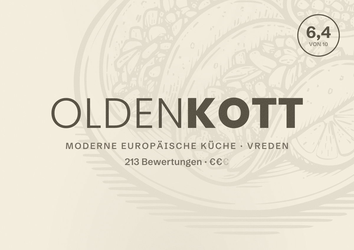 Illustriertes Poster von Oldenkott, Moderne europäische Küche in Vreden: Bewertung 6,4 von 10 aus 213 Bewertungen, Preisniveau €€