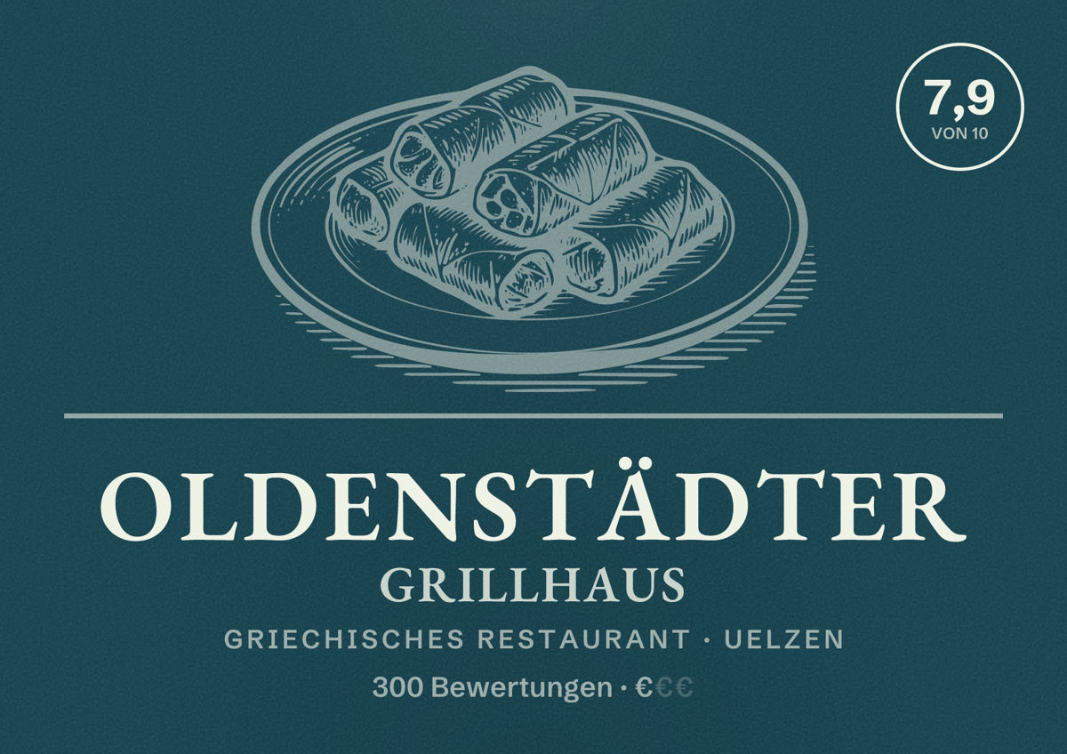 Illustriertes Poster von Oldenstädter Grillhaus, Griechisches Restaurant in Uelzen: Bewertung 7,9 von 10 aus 300 Bewertungen, Preisniveau €