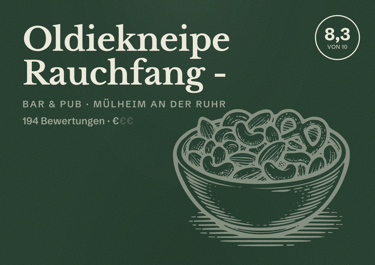 Illustriertes Poster von Oldiekneipe Rauchfang -, Bar & Pub in Mülheim an der Ruhr: Bewertung 8,3 von 10 aus 194 Bewertungen, Preisniveau €