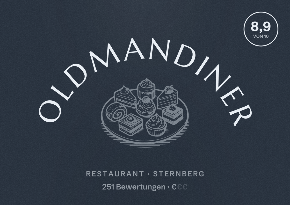 Illustriertes Poster von Oldmandiner, Restaurant in Sternberg: Bewertung 8,9 von 10 aus 251 Bewertungen, Preisniveau €