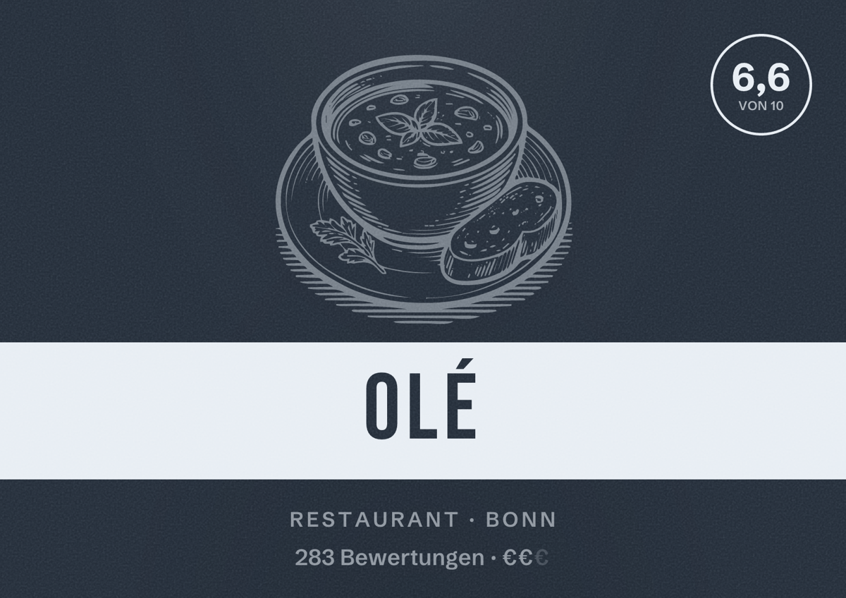Illustriertes Poster von Olé, Restaurant in Bonn: Bewertung 6,6 von 10 aus 283 Bewertungen, Preisniveau €€