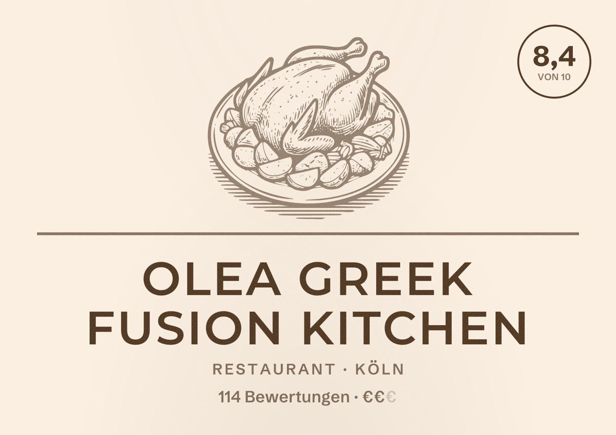 Illustriertes Poster von Olea Greek Fusion Kitchen, Restaurant in Köln: Bewertung 8,4 von 10 aus 114 Bewertungen, Preisniveau €€