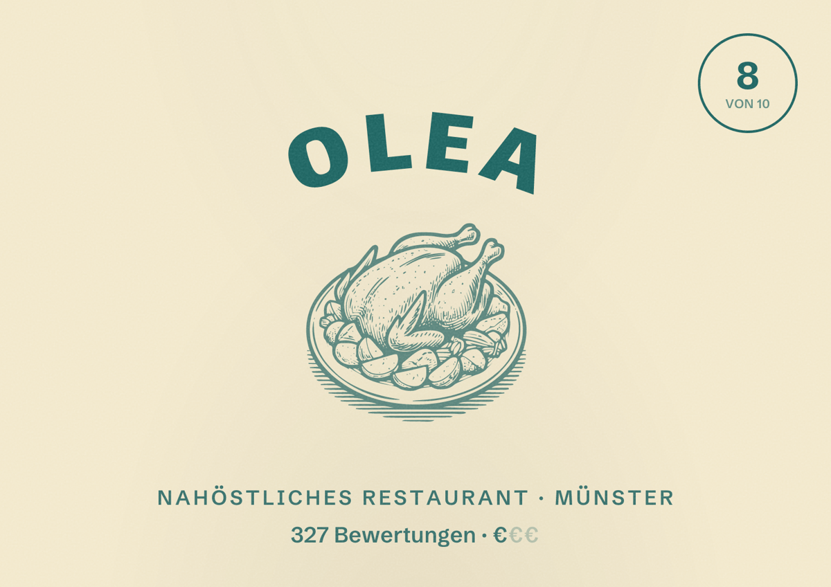 Illustriertes Poster von OLEA, Nahöstliches Restaurant in Münster: Bewertung 8 von 10 aus 327 Bewertungen, Preisniveau €