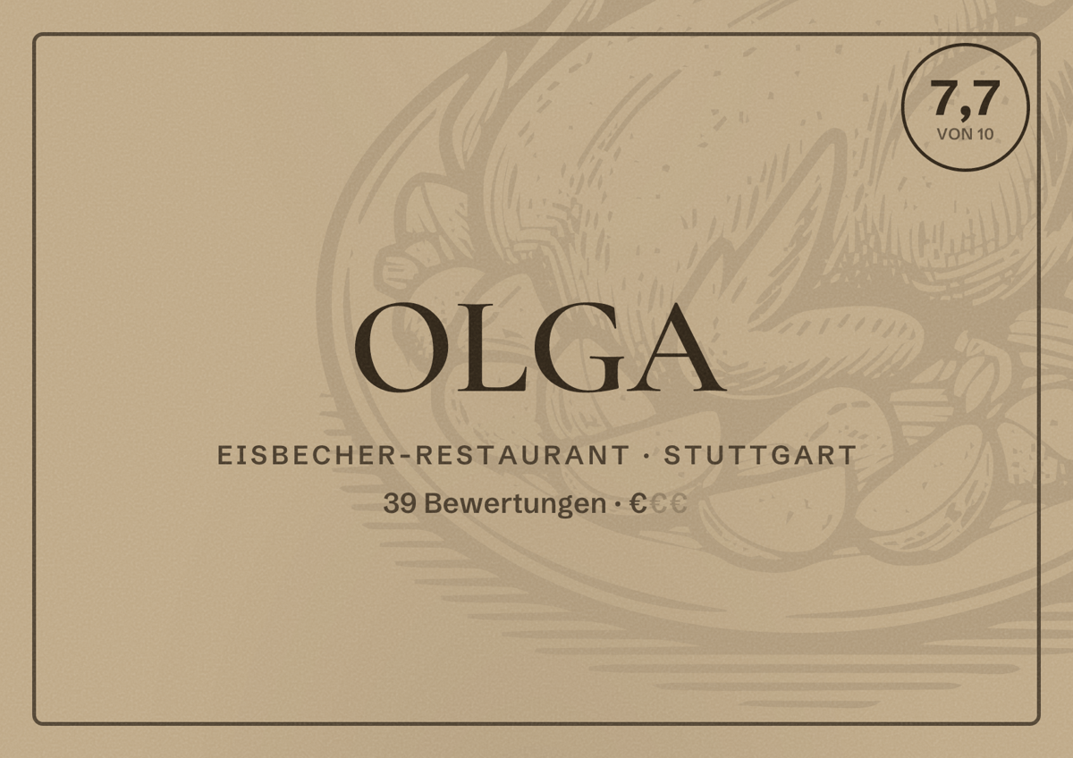 Illustriertes Poster von OLGA, Eisbecher-Restaurant in Stuttgart: Bewertung 7,7 von 10 aus 39 Bewertungen, Preisniveau €