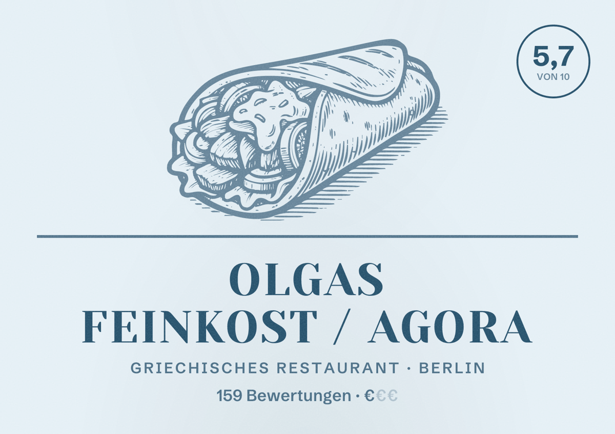 Illustriertes Poster von Olgas Feinkost / Agora, Griechisches Restaurant in Berlin: Bewertung 5,7 von 10 aus 159 Bewertungen, Preisniveau €