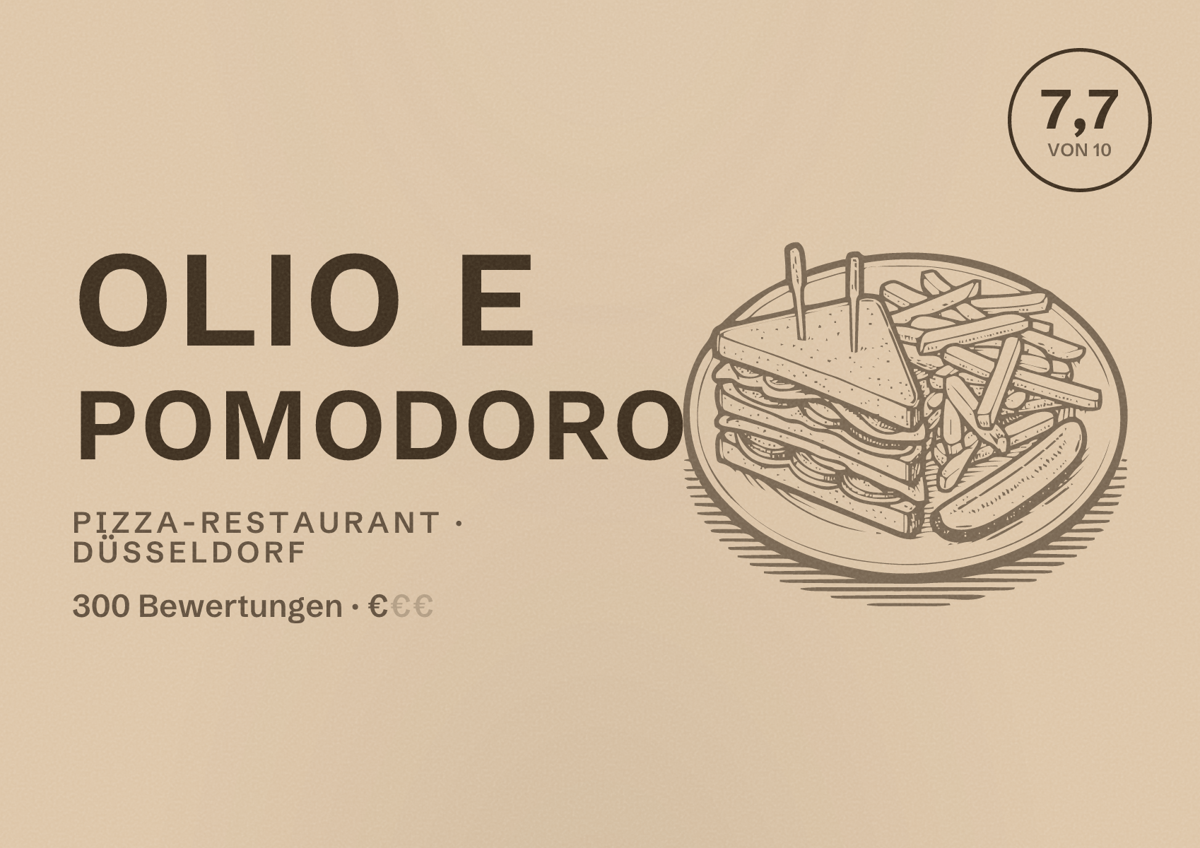 Illustriertes Poster von Olio e Pomodoro, Pizza-Restaurant in Düsseldorf: Bewertung 7,7 von 10 aus 300 Bewertungen, Preisniveau €