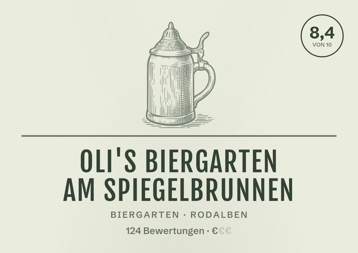 Illustriertes Poster von Oli's Biergarten Am Spiegelbrunnen, Biergarten in Rodalben: Bewertung 8,4 von 10 aus 124 Bewertungen, Preisniveau €