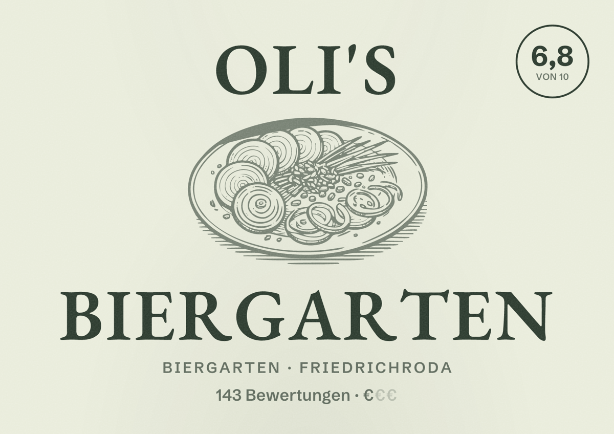 Illustriertes Poster von Oli's Biergarten, Biergarten in Friedrichroda: Bewertung 6,8 von 10 aus 143 Bewertungen, Preisniveau €