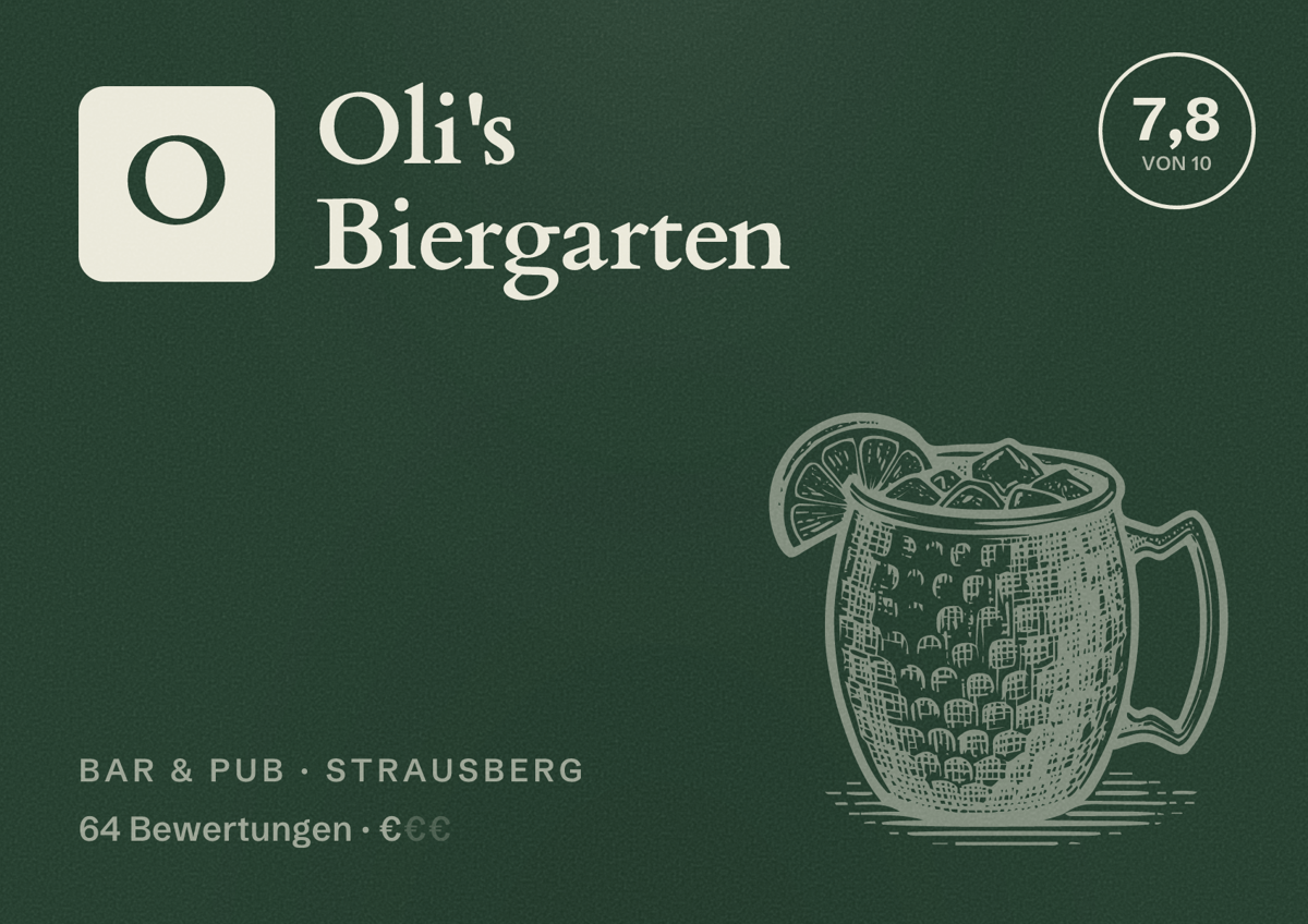 Illustriertes Poster von Oli's Biergarten, Bar & Pub in Strausberg: Bewertung 7,8 von 10 aus 64 Bewertungen, Preisniveau €