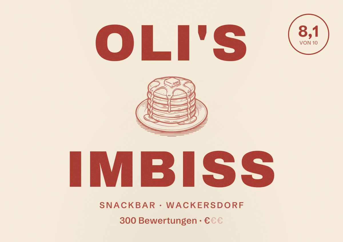 Illustriertes Poster von Oli's Imbiss, Snackbar in Wackersdorf: Bewertung 8,1 von 10 aus 300 Bewertungen, Preisniveau €