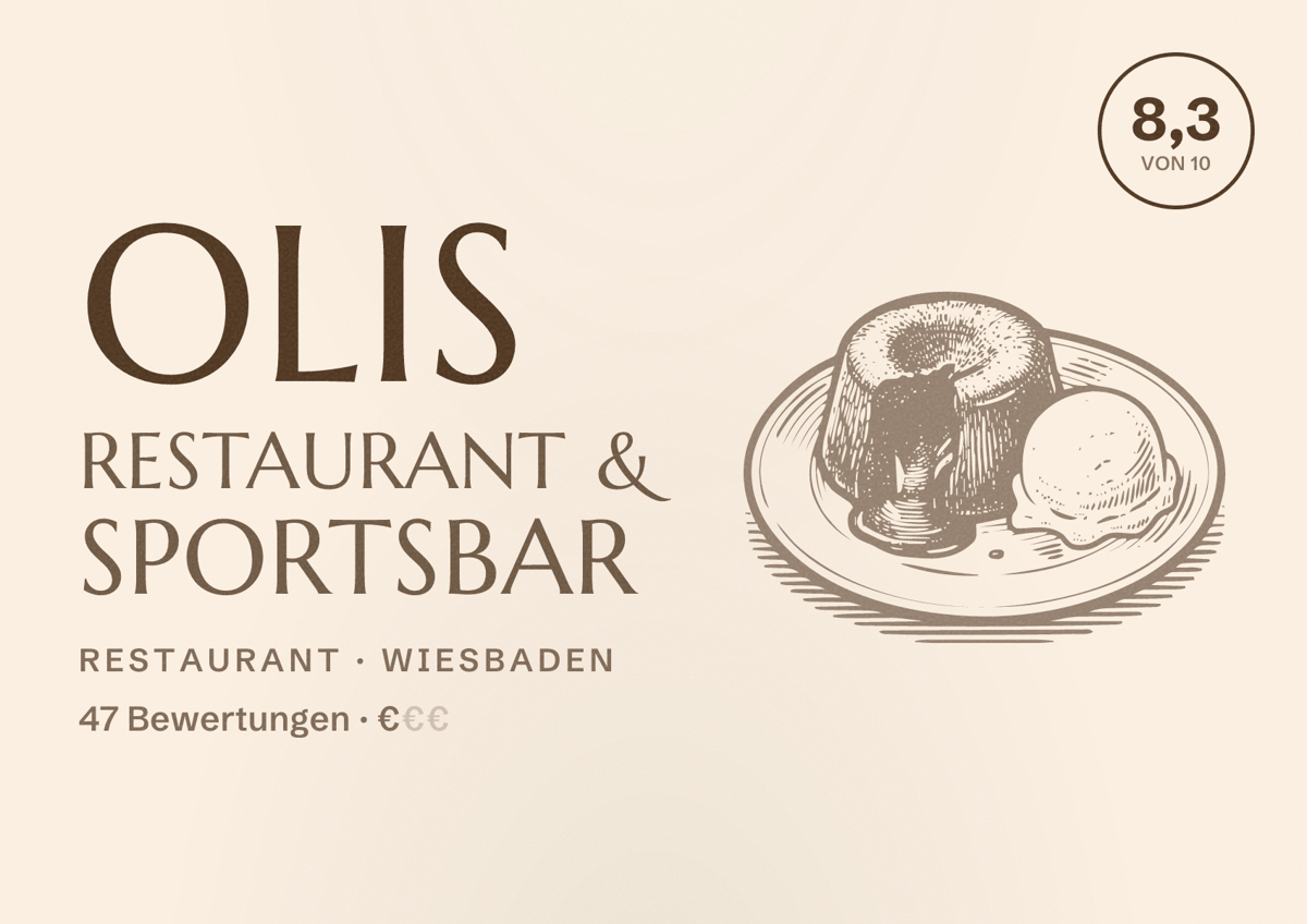 Illustriertes Poster von Olis Restaurant & Sportsbar, Restaurant in Wiesbaden: Bewertung 8,3 von 10 aus 47 Bewertungen, Preisniveau €