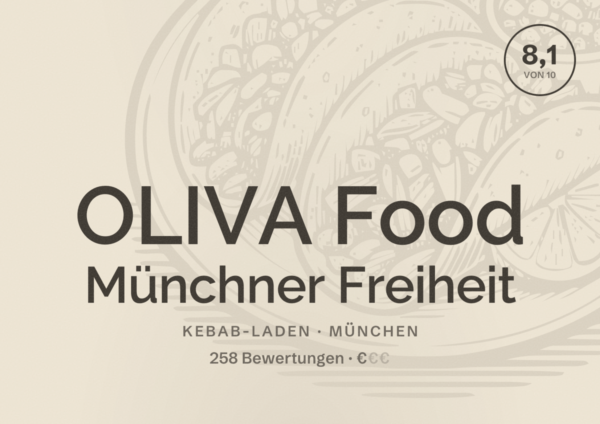 Illustriertes Poster von OLIVA Food Münchner Freiheit, Kebab-Laden in München: Bewertung 8,1 von 10 aus 258 Bewertungen, Preisniveau €