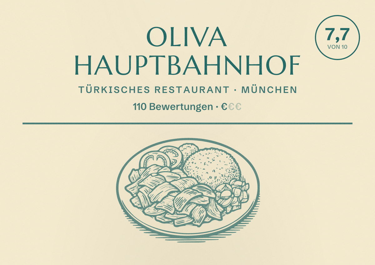 Illustriertes Poster von OLIVA Hauptbahnhof, Türkisches Restaurant in München: Bewertung 7,7 von 10 aus 110 Bewertungen, Preisniveau €