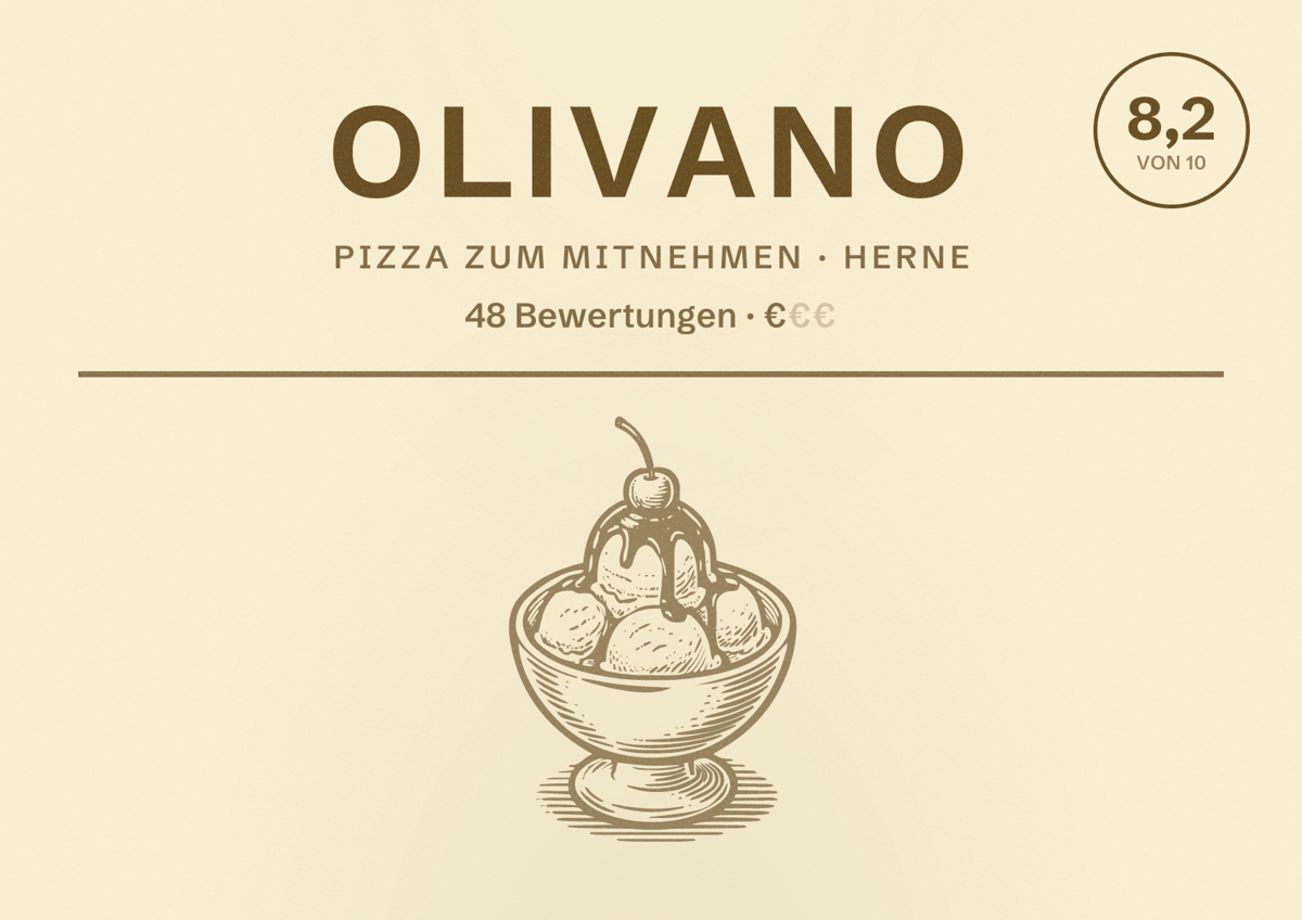 Illustriertes Poster von Olivano, Pizza zum Mitnehmen in Herne: Bewertung 8,2 von 10 aus 48 Bewertungen, Preisniveau €