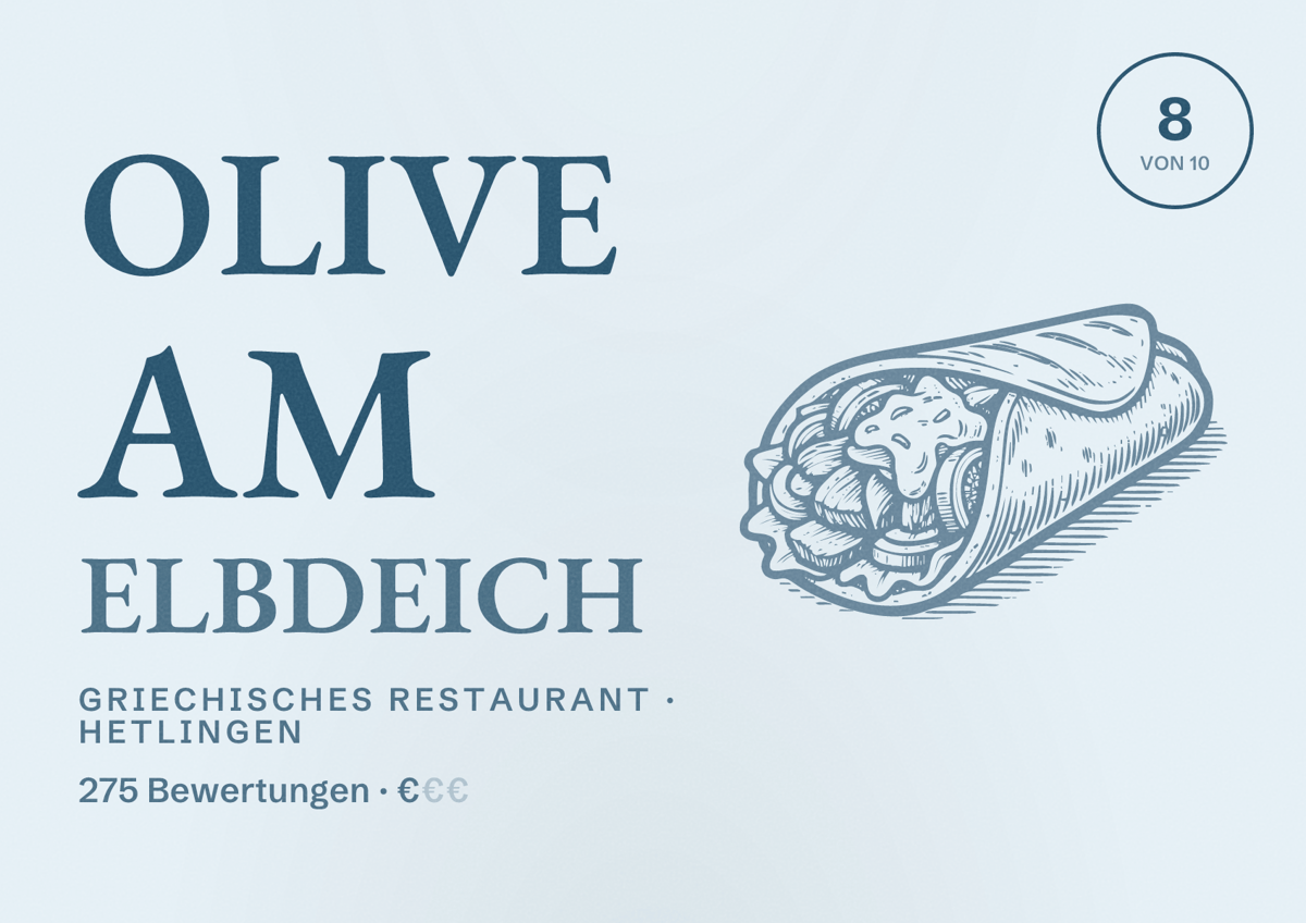 Illustriertes Poster von Olive am Elbdeich, Griechisches Restaurant in Hetlingen: Bewertung 8 von 10 aus 275 Bewertungen, Preisniveau €