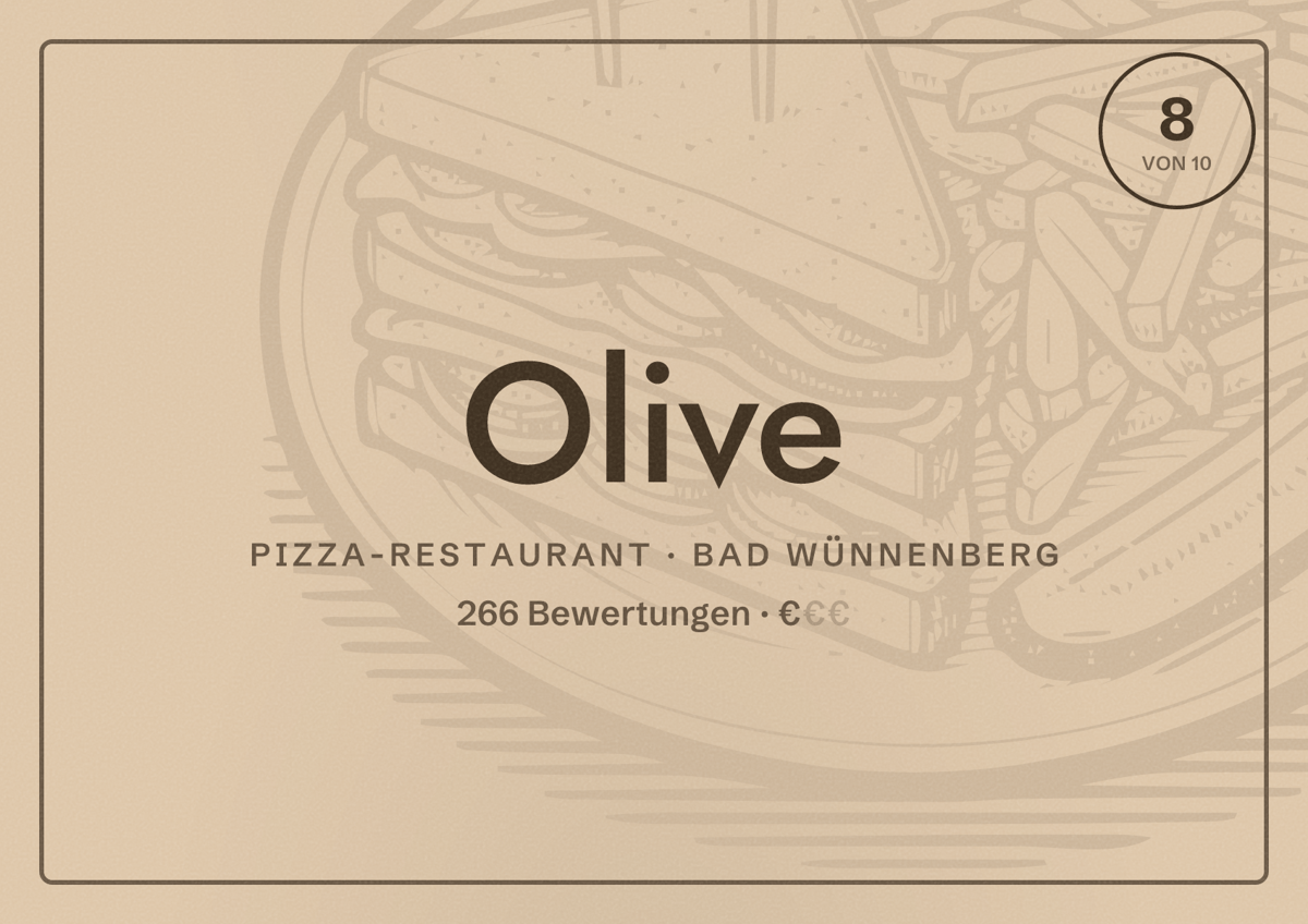 Illustriertes Poster von Olive, Pizza-Restaurant in Bad Wünnenberg: Bewertung 8 von 10 aus 266 Bewertungen, Preisniveau €