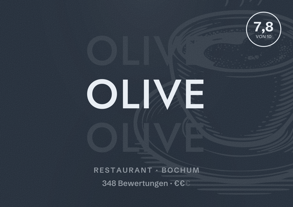 Illustriertes Poster von Olive, Restaurant in Bochum: Bewertung 7,8 von 10 aus 348 Bewertungen, Preisniveau €€