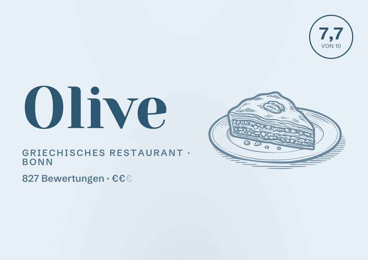 Illustriertes Poster von Olive, Griechisches Restaurant in Bonn: Bewertung 7,7 von 10 aus 827 Bewertungen, Preisniveau €€